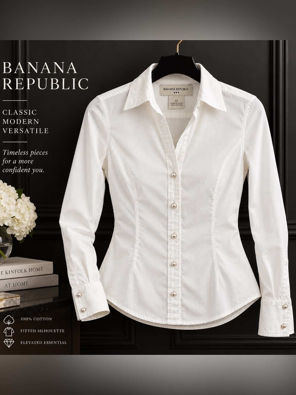 Banana Republic White Cotton Pearl Button Fitted Shirt XS